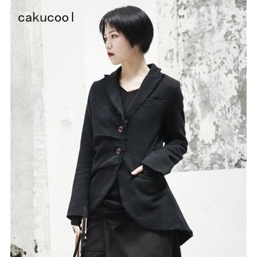 Cakucool New 2018 Cotton Linen Autumn Jacket Women Asymmetric Gothic Black Slim Coat Ripped Japan Design Jaqueta Casaco Feminino