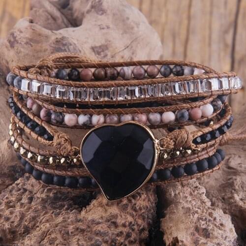 RH Fashion Handma Boho Bracelet Mixed Natural Stones Heart Charm 5 Strands Wrap Bracelets Women Gift DropShipping
