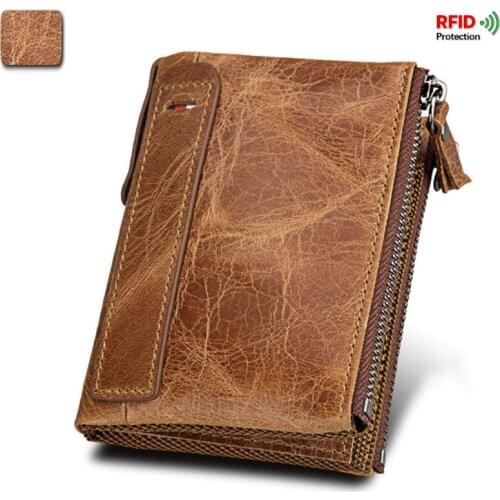 Mens Wallet RFID Protection Crazy Horse Genuine Leather Short Wallets Casual Double Zipper Purse Money Clip Card Holder Retro