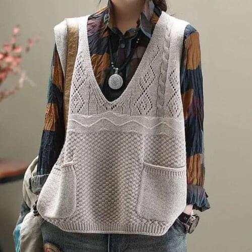 New Womens Spring And Autumn Retro Vest Casual Loose V-Neck Pocket Knitted Sweater Line All-Match Vest Womens Jacket Moda Mujer