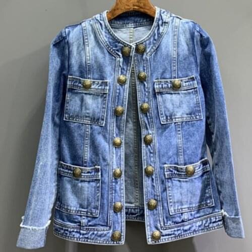 New arrival autumn vintage metal double breasted slim denim jacket women o-neck cool outwear