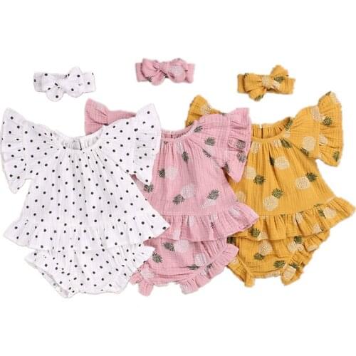 Toddler Baby Girl 3Pcs Outfit T-shirt + Shorts + Headband Pineapple Print Bow Cute Ruffle Summer Clothing 0-24Month
