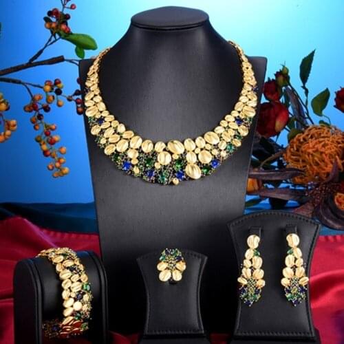 Blachette Luxury Emeralds 4PCS Necklace Earring Bangle Ring Jewelry Sets for Women Wedding Anniversary Indian Bridal Super Gift