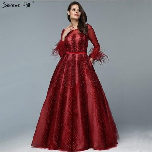 Luxury Wine Red Dubai Design Prom Dresses Long Sleeves Feathers Crystal Prom Gowns 2020 Serene Hill DLA70013