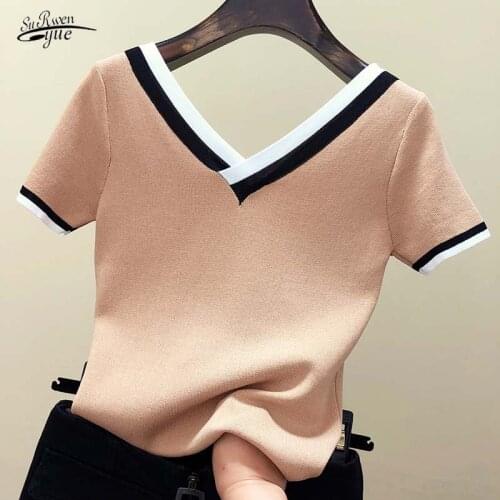 Short-sleeved shirt womens contrast color striped knit V-neck 2021 summer top womens clothes Femme 13362