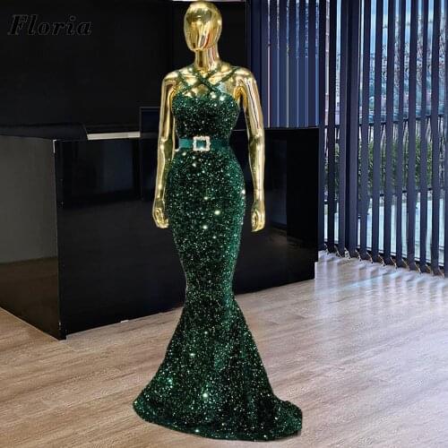 Dubai Green Sequins Evening Dresses Kaftan Celebrity Prom Gowns For Wedding Saudi Arabia Mermaid Party Gowns 2021 Robe De Soiree