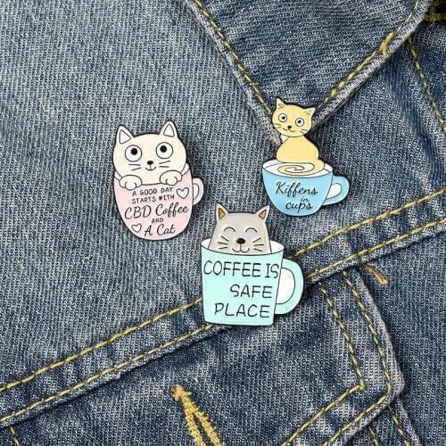 Adorable Coffee Pot Funny Coofee Cat Enamel Pins Shirt Lapel Bag Animal Badge Jewelry Gift for Kids
