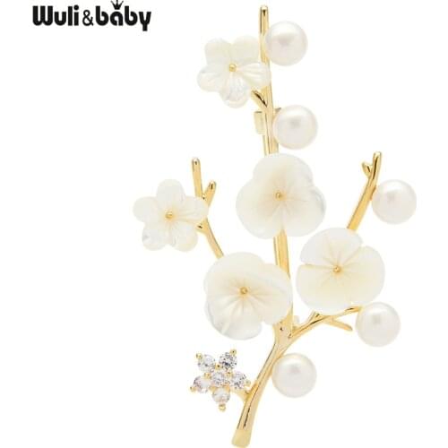 Wuli&baby Natural Shell Pearl Flower Brooches For Women Unisex 2-color Plum Blossom Flower Party Office Brooch Pins Gifts