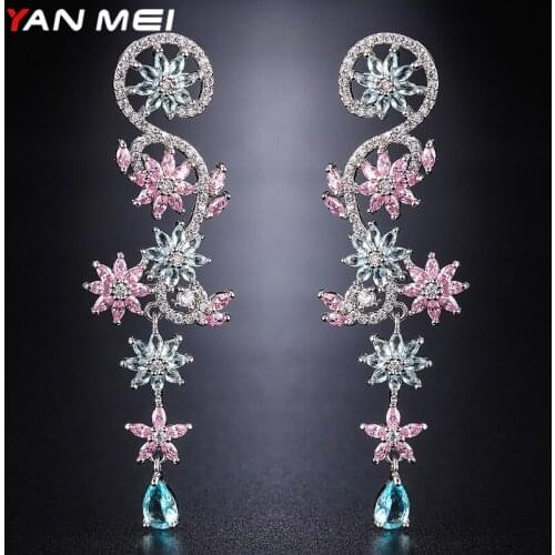 YANMEI Brand Dangle Earrings For Women Crystal Rosette Korean Design Brincos Arco Flower Long Earring Accessories YME8035Y
