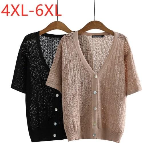 New 2021 Ladies Summer Plus Size Knit Tops For Women Large Short Sleeve Loose Black Hollow Out V-neck Cardigan 4XL 5XL 6XL