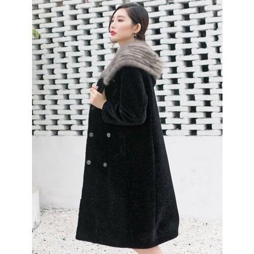Women Real Fur Coat Parkas Winter Long Hooded Wool Coats Female Large Water Mink Fur Collar Overcoat Outerwear 2303
