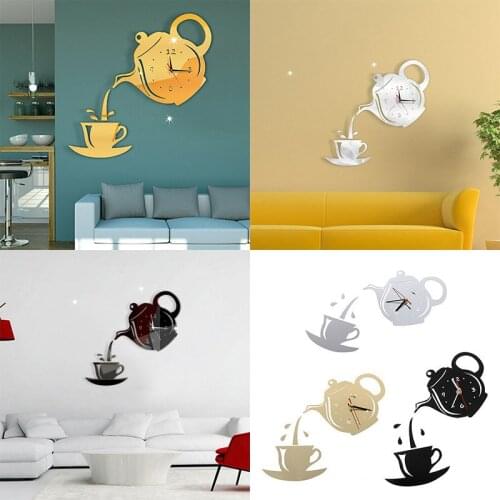 Teapot 3D Wall Clock Decorative Kitchen Wall Clocks DIY Acrylic Coffee Cup