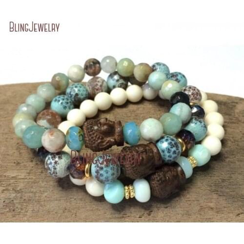 Blue Speckled Agate Stretch Bracelet Carved Driftwood Buddha Bead Boho Bracelet Bohemian Beaded Stacking Bracelet BM31733