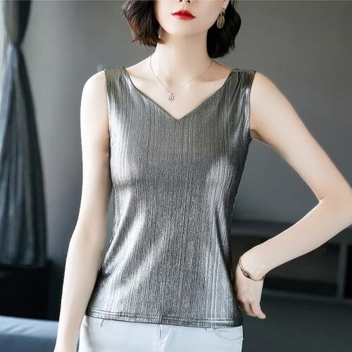 Gkfnmt Shiny Lurex Silk Tank Tops Summer Sleeveless V Neck Vest Tank Womens Tops 2020 Plus Size Summer Feminina Shirt Clothes