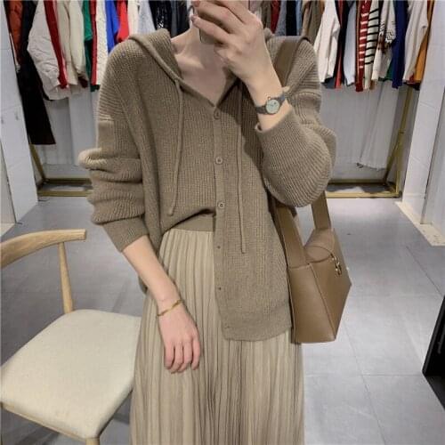 Autumn/Winter Cardigan 2021 Korean Hooded Casual Single-breasted Sweater Jacket Womens Loose Long Sleeve Pure Color Knitted Top