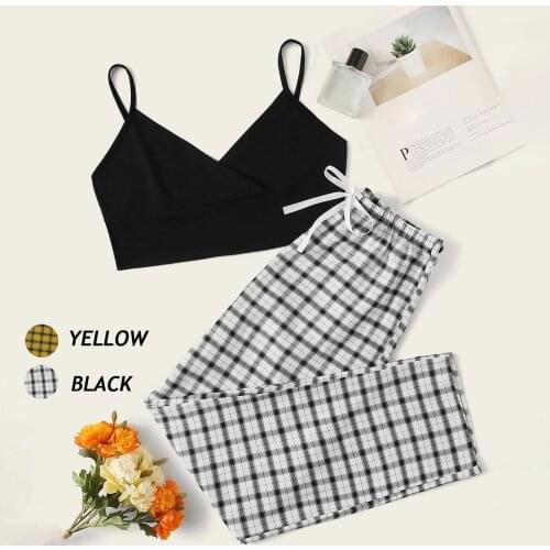 Plaid Pant Suits Summer Fashion Women Sexy Sleeveless Suspender Blouse And Plaid Pants 2piece Casual Set 2021 Ensemble Femme