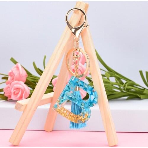 Cute Gold Blue Gradient Color Letter Pendant Keychains Resin A-Z Letters Key Rings Women Handbag Car Tassel Keyring Couple Gifts