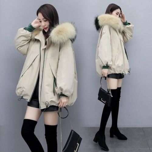 Fashion loose cotton clothes womens winter new style hooded warm big fur collar long sleeve casual jacket