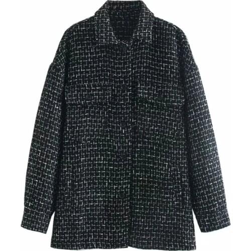 Vogue Women Fashion Double Pockets Plaid Za Black Autumn Long Jackets Female Casual Long Sleeve Turn-Down Collar Outwear Coats