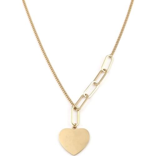Fashion Stainless Steel Valentines Day Link Cable Chain Necklace Gold Color Heart Oval Charms Punk Style Women Party Jewelry