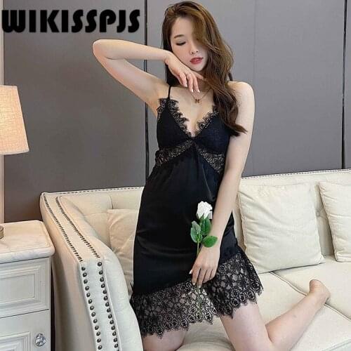 New Womens Casual Suspender Skirt Pajamas Sexy Air Permeability and Hollow Home Wear Lace Sleepwear Robe Sets Pink Nightgown