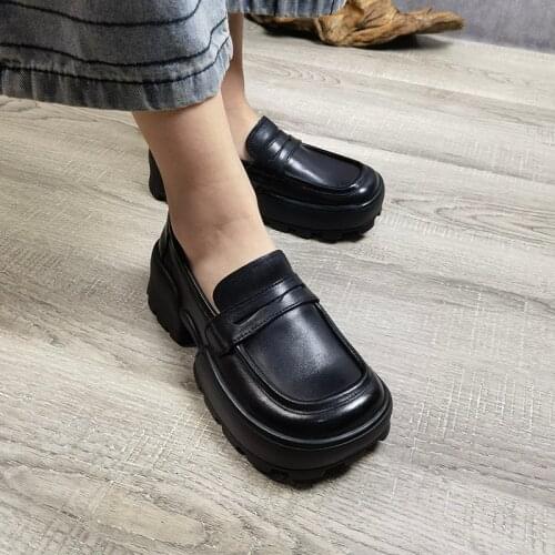 Original Genuine Leather Platform Shoes Loafers Square Toe Handmade 2021 New Autumn Slip on Leisure Concise Ladies Shoes