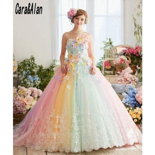 Pastel Colored Prom Dresses With Flower Applique Strapless Rainbow Colorful Evening Gowns for Women Bridal Reception Wear