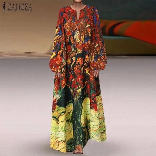 ZANZEA Women Maxi Long Dress Spring V Neck Long Puff Sleeve Floral Sundress Bohemian Printed Party Vestidos Loose Casual Robe