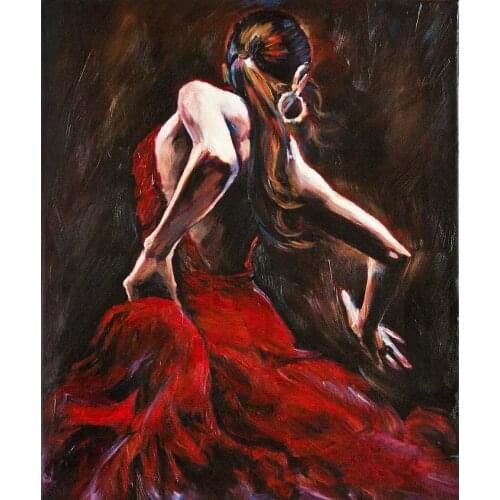 Hand Painted Oil Painting Canvas Art Spanish Flamenco Dancer in Red Dress Figure Artwork Woman Beauty Modern Bedroom Wall Decor
