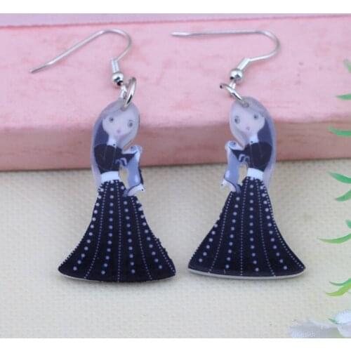Bonsny dressed gentle girls black skirt angel fairy printing drop earrings acrylic new 2014 design cute for girls woman jewelry