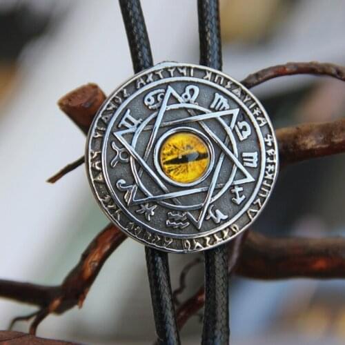 Vintage Western Cowboy Mens BOLO Tie Slide Clip 12 Constellation Star Disk Polyester Rope