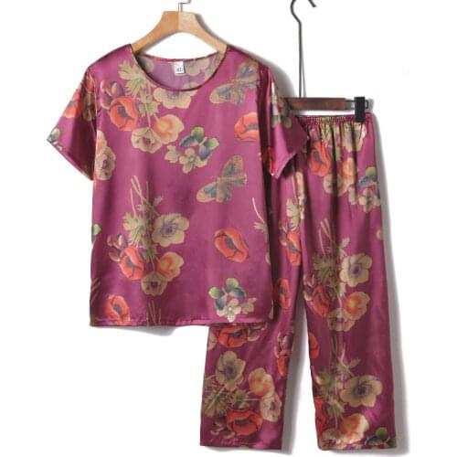 XL-4XL Thin Silk Satin Pajamas Women Print Middle Age Ladies Short Sleeve Sleepwear Set 3/4 Pant 2 Piece Loungewear Home Suit
