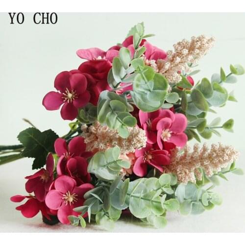 YO CHO 33cm Mixed Silk Artificial Flowers Large Branch Eucylaptus Leaves Fake Flower Faux Flowers Home Wedding Spring Decoration
