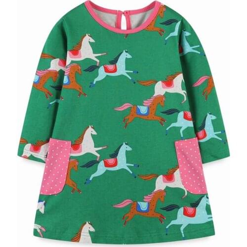 27kids Autumn Winter Skirt Long Sleeve Girls Cute Horse Pocket Clothes Round neck Children Casual Dresses 2-7years