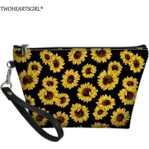 Twoheartsgirl Sunflowers Women Makeup Bag Leather Cosmetic Case PU Leather Clutch Purse Holder Coin Storage Pouch with Zipper
