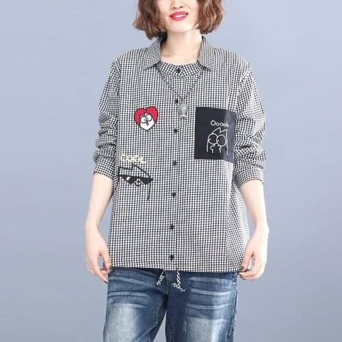 2020 Art Plus Size Loose Cotton and Linen Plaid Lapel Ladies Long-sleeved Shirt All-match Casual Plaid Top Plus Size Clothing