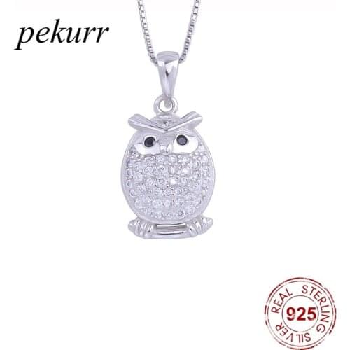 Pekurr 925 Sterling Silver Zircon Night Owl Necklace For Women Cute Fly Bird Animal Pendants Collar Girl Fashion Jewelry Gift