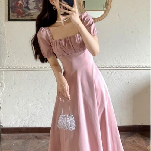 Sweet Pure Collor Dress Women French Puffer Sleeve Vintage Elegant Midi Dress Female Casual One Piece Dress Korean 2021 Summer