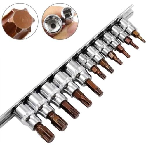 11Pcs T10-T60 3/8" 1/4" Star Hexagonal Torx Bit Socket Kit Vanadium Steel Hex Wrenches Nut Driver Drill Bit