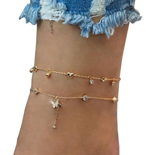 2Pcs/Set Romantic Sweet Women Anklet Fashion Butterfly Heart Decor Simple Bracelet Anklet For Beach Travel Jewelry Accessories