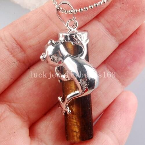 Free Shipping Women Fashion 15x41mm Beautiful Tigers Eye Cylinder Frog Pendant with Chain C3869