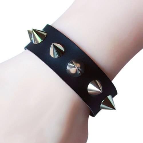 Unisex Men Women Punk Bracelet Spike Rivet Cone Black Leather Cuff Wristlet Cool Personality Street Style Party