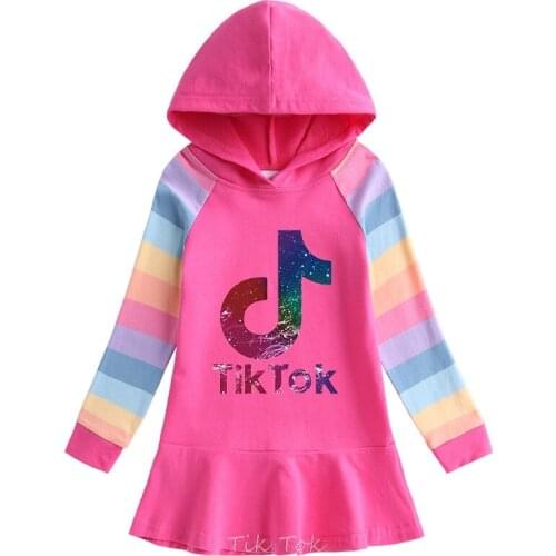 2021New Tik Tok Hoodie Dress Autumn Girls Cartoon Rainbow Long Sleeve Children Kids Cotton Sweate
