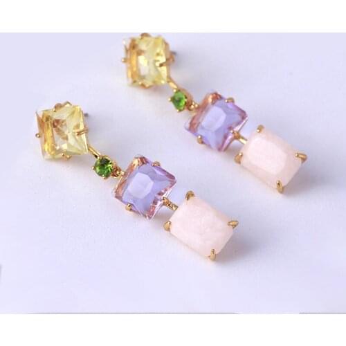 Long Hanging Earrings For Woman Squares Color Semi-precious Stones Translucent Crystal Pendant 2021 Trend Jewelry Accessories