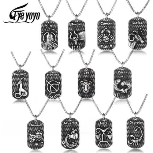 Eyeyoyo Retro 12 Constellations Zodiac Necklace Stainless Steel Dog Tag 12 Horoscope Leo Pendant for Men Steampunk Birthday Gift