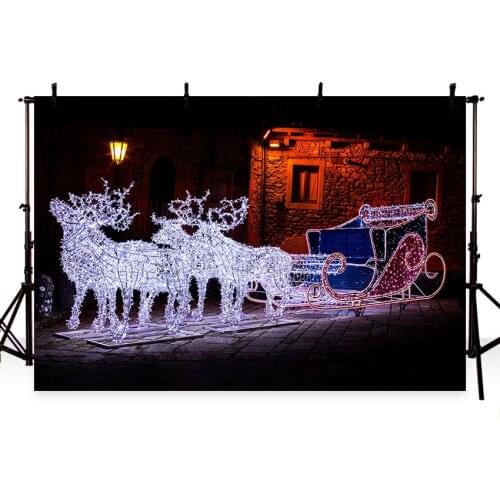 Christmas backdrop photography garland reindeer sleigh street night light cottage Background Computer print party photo backdrop