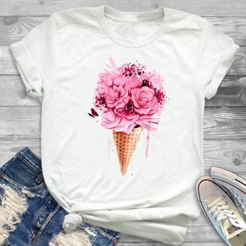 Women Shirt Ladies Female Flower Ice Cream 4XL Plus Size T Womens Fashion T-shirt Graphic Short Sleeve Summer Printed Top Tshirt