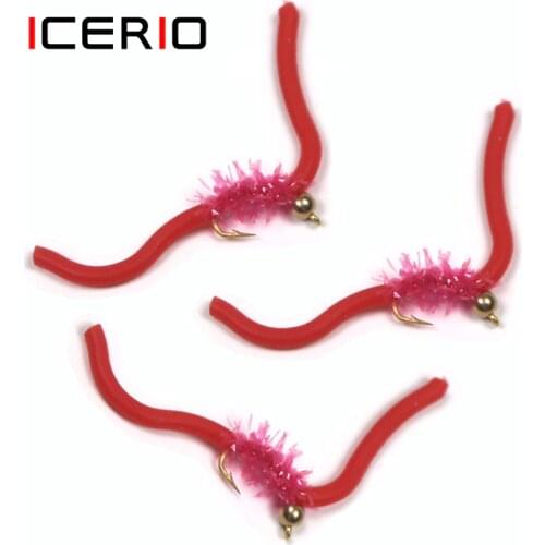 ICERIO 10PCS San Juan Worm Brass Bead Head Squirmy Wormy Fly Trout Fly Fishing Lures Nymphs #10