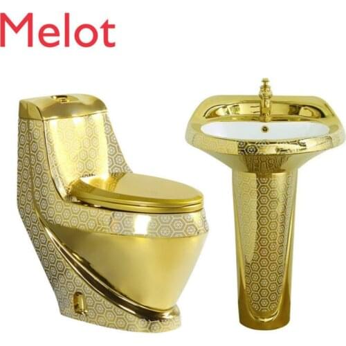 China modern design sanitary ware bathroom ceramic colored pedestal basin gold toilet set