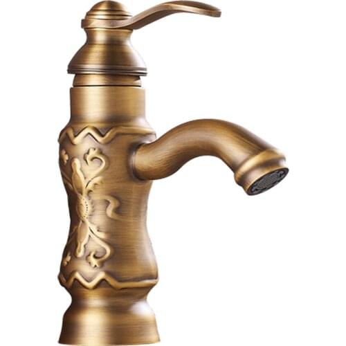 Short Style Retro Antique Brass Carving Bathroom Faucets Kitchen Sink Basin Faucets Hot&Cold Water Mixer Tap Deck Mount